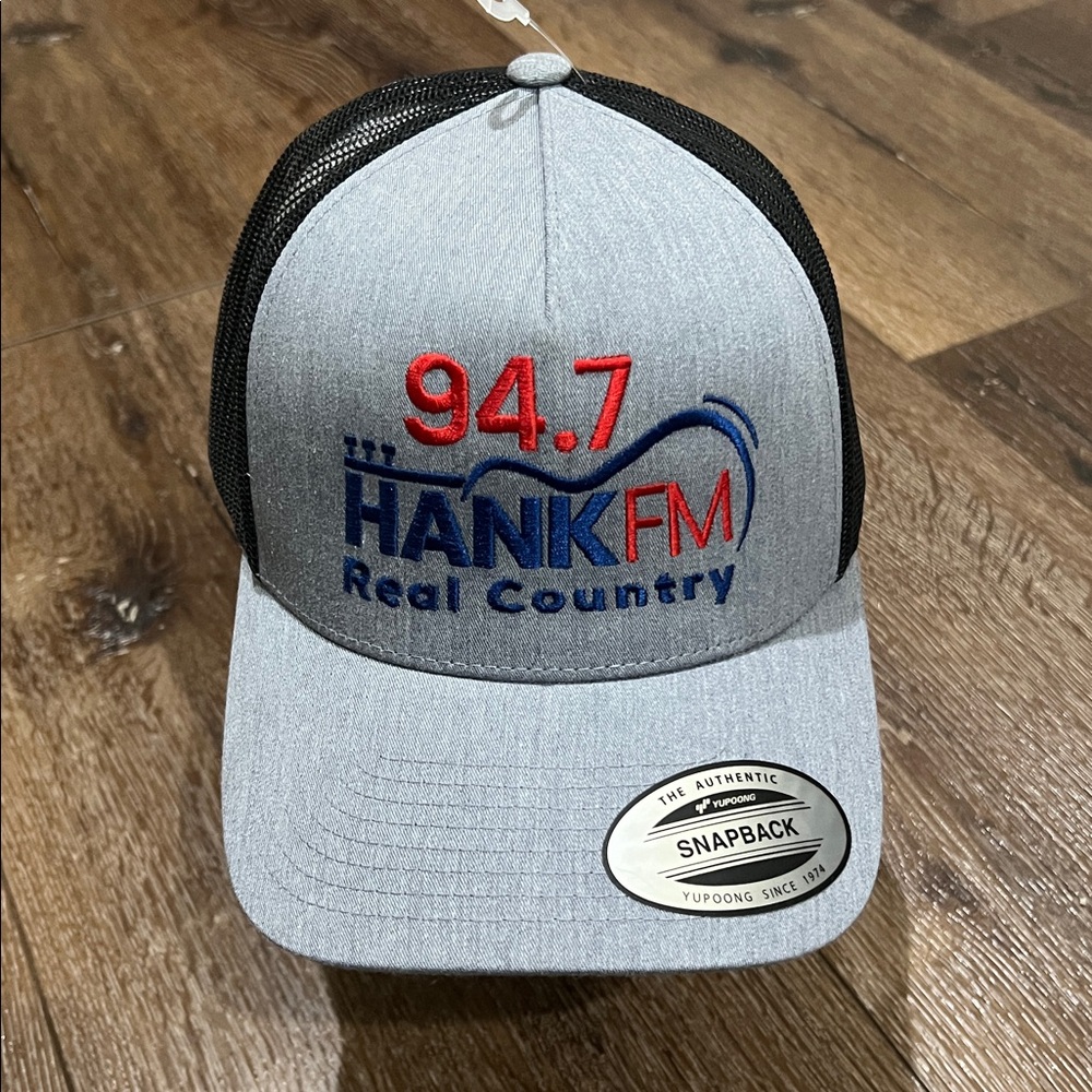 NWT 94.7 Hank FM real country Gray and Black Snapback Hat w/ Red Blue Embroidery